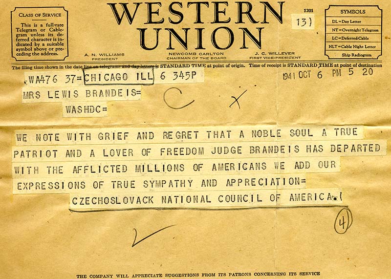 Creased Western Union telegram expressing condolences for Louis D. Brandeies's death (scan)