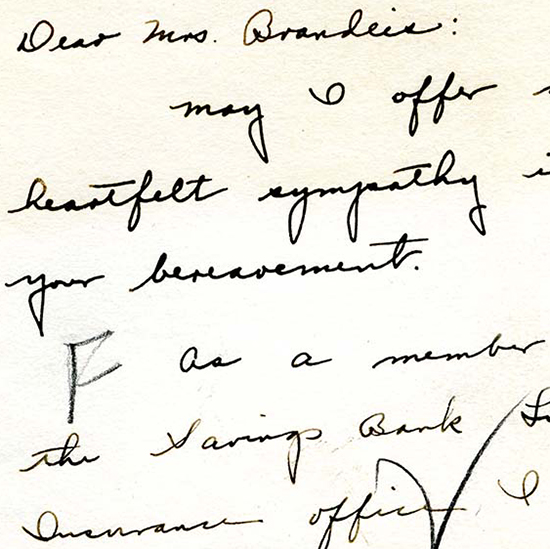 Handwritten cursive note expressing condolences following Louis D. Brandeis's death