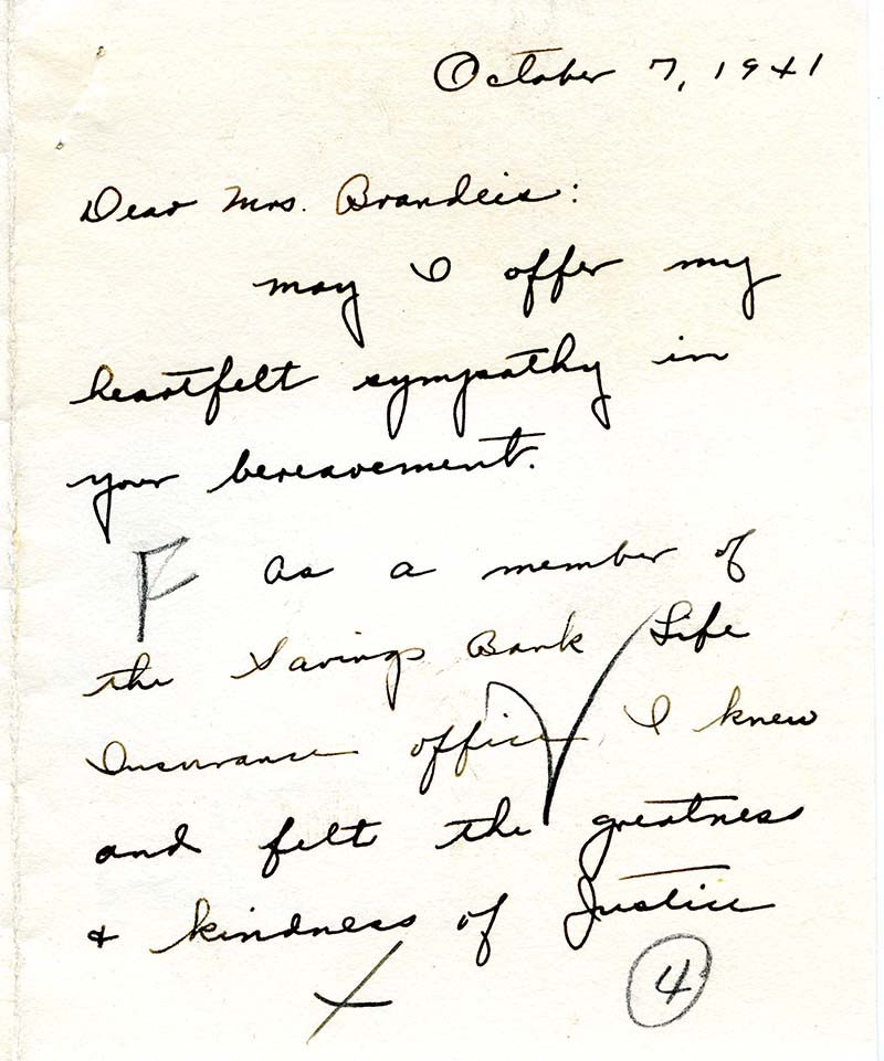 Handwritten cursive note expressing condolences following Louis D. Brandeis's death (scan)