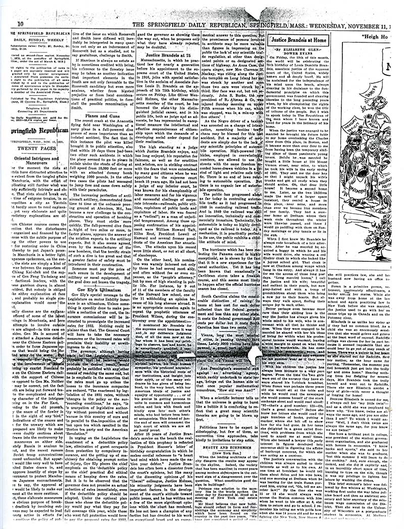 An excerpt of a newspaper page with an article titled 'Justice Brandeis at Home' among other titles