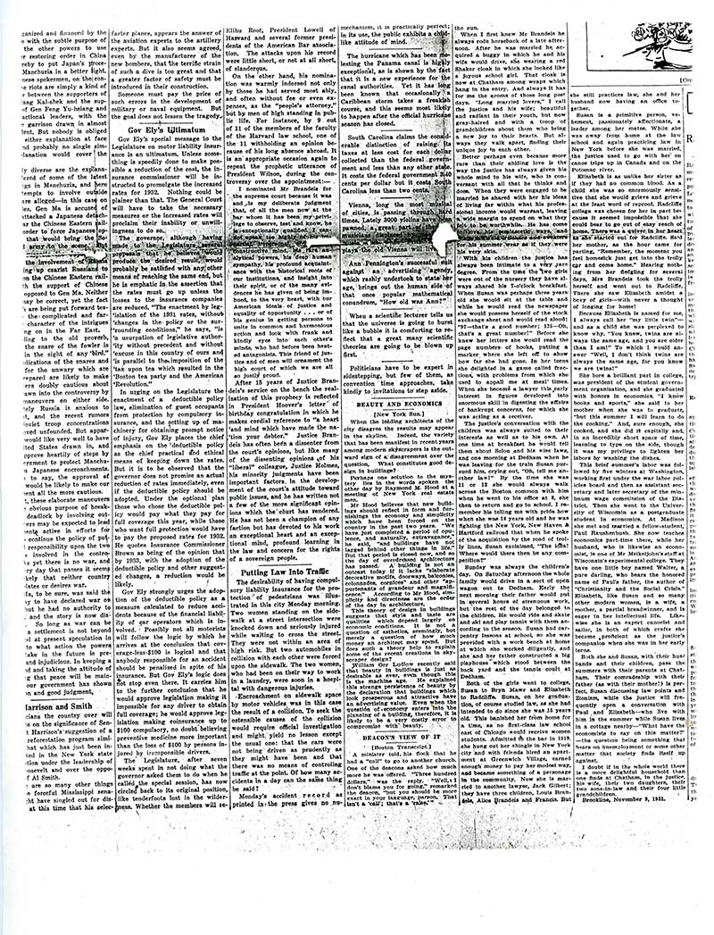 An excerpt of a newspaper page with a section of an article titled 'Justice Brandeis at Home'