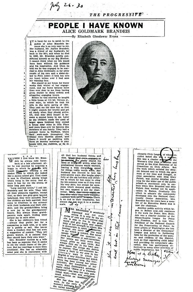 People I have known, Alice Goldmark Brandeis by Alice Goldmark Brandeis. Various newspaper clippings