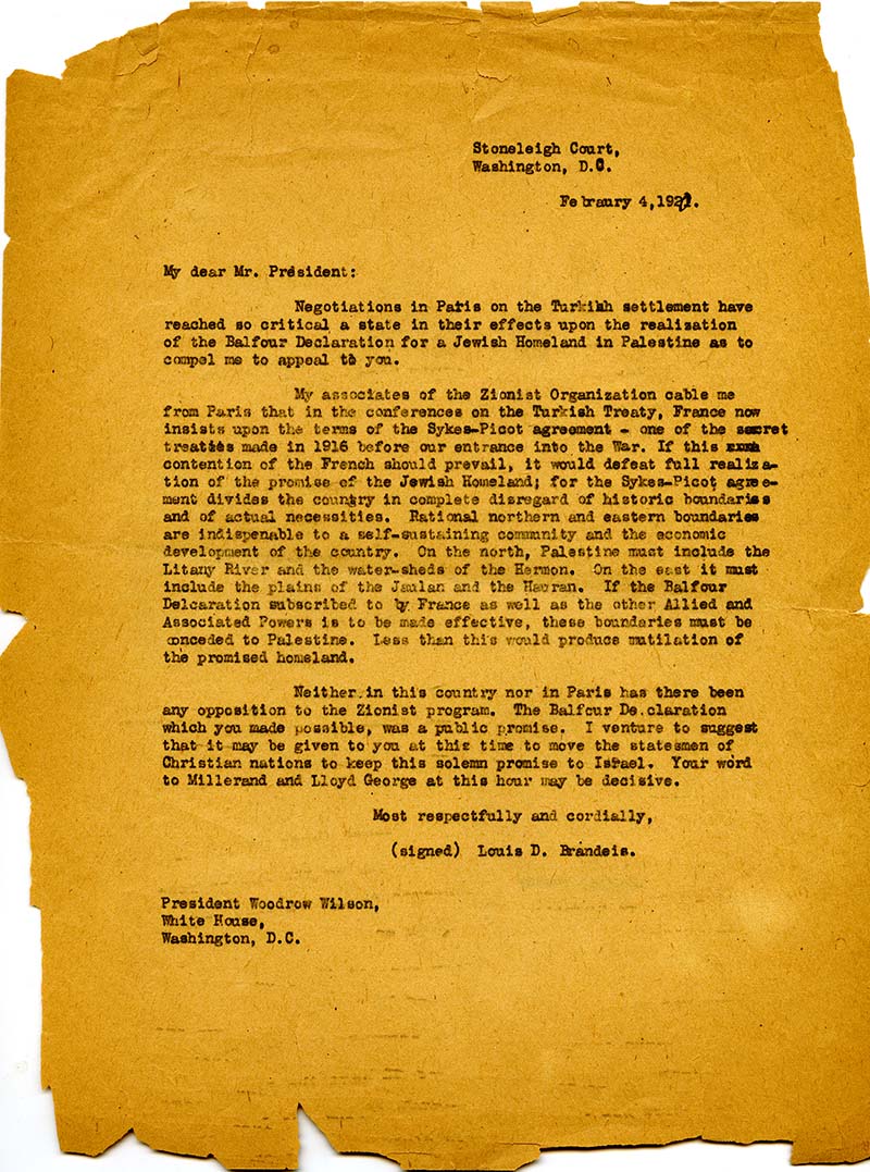 Letter from Louis Brandeis appealing to President Woodrow Wilson on behalf of the Jewish Homeland. Typed February 4, 1920