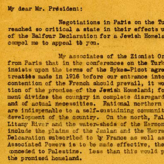 Typed letter from Louis Brandeis appealing to President Woodrow Wilson on behalf of the Jewish Homeland