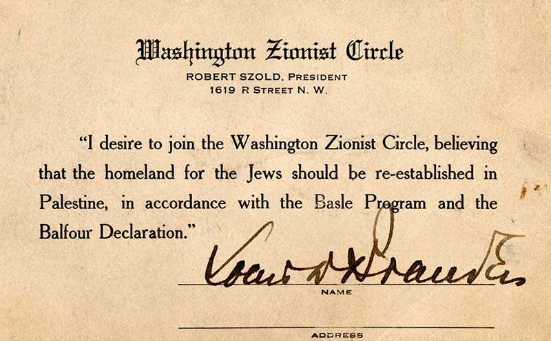 Louis D. Brandeis's signed Washington Zionist Circle Membership Card