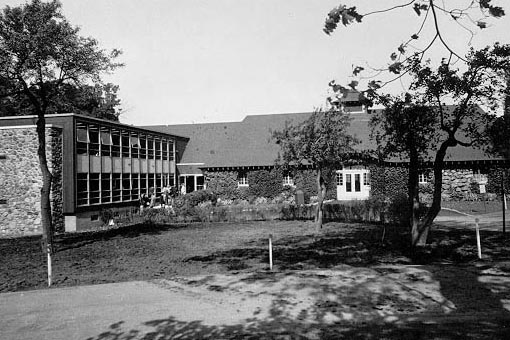 Black and white photograph of the first library