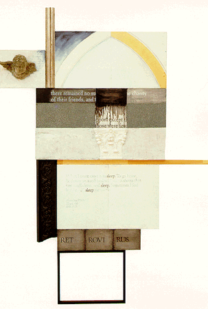 Western Blot No. 9. Collage including a ruler, an angel, portions of printed texts. Words that stand out are: "sleep" and "there remained no one of their friends..."