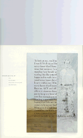 Western Blot #15, 1992. Printed text on a background of a sparse landscape with a superimposed full length image of a man. The text begins: To look at me you'd never know I was HIV+...
