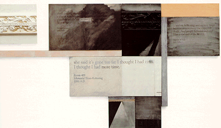 Western Blot #5, 1991. A collage of printed texts, some with brown wash obscuring the words, a decorative piece of lattice and abstract geometric painted pieces in shades of brown and orange. One prominent text reads: "she said it's gone too far. I thought I had time. I thought I had time." Room 409. Memorial Sloan Kettering. 1990 A.D.