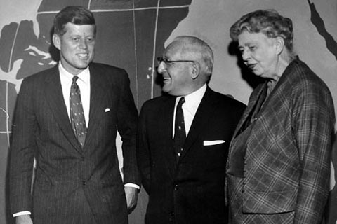 John F. Kennedy, President Sachar, and Eleanor Roosevelt on the set of "Prospects of Mankind." Behind them is a wall sized map of the world