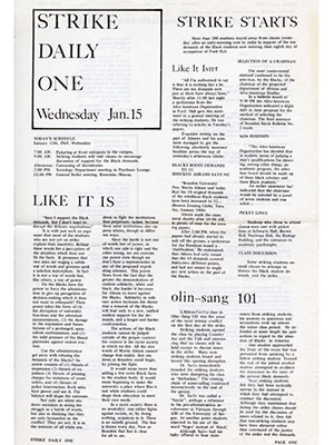 Large, printed newsletter, black text on white background, entitled "Strike Daily One."