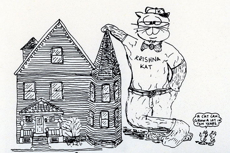 cartoon of “Krishna Kat” standing next to Havurat Shalom house.  The cat is taller than the house. Two tiny people in the corner say “A cat can grow a lot in 10 years”
