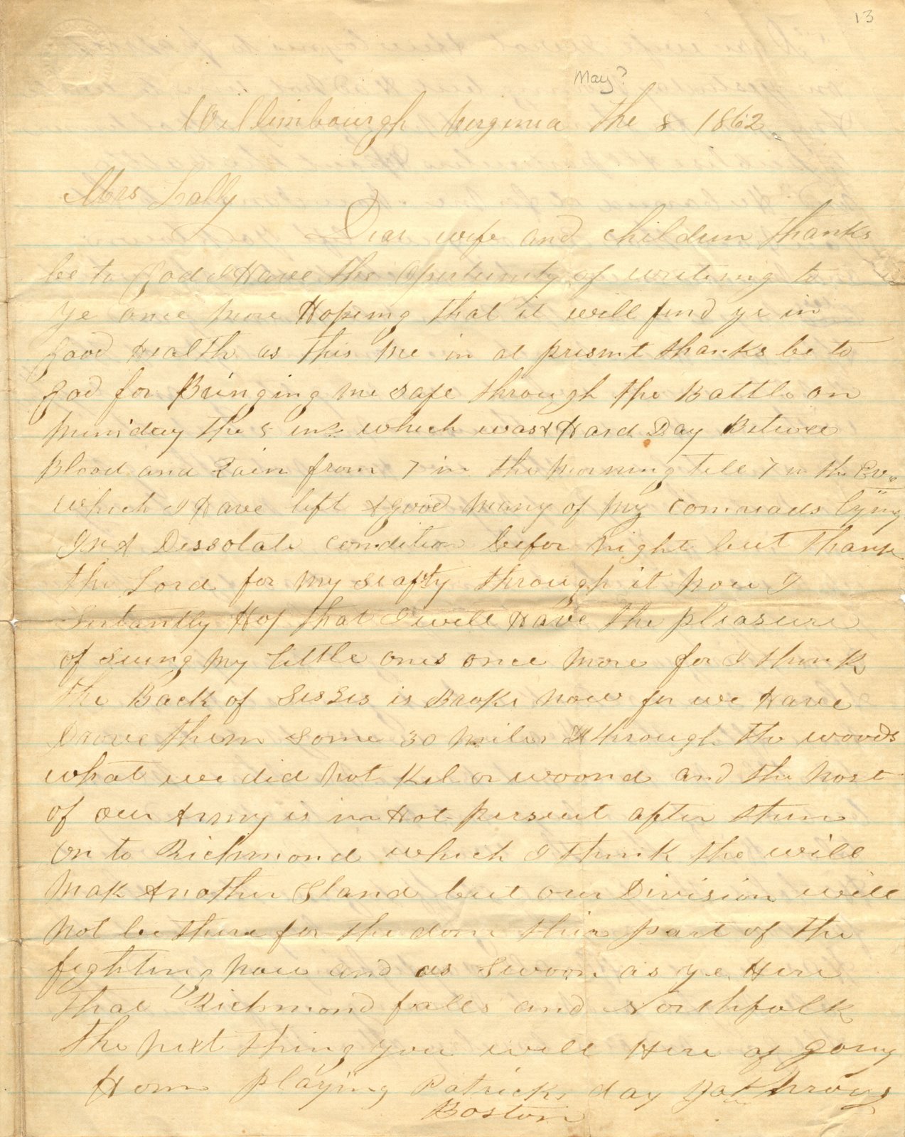 A letter from Michael Lally to his wife and children during the American Civil War