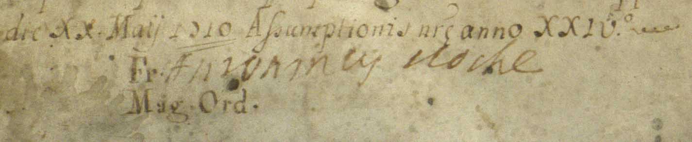 Date and signature of Antoninus Cloche on Charter of the Confraternity of the Holy Rosary (May 20, 1710)