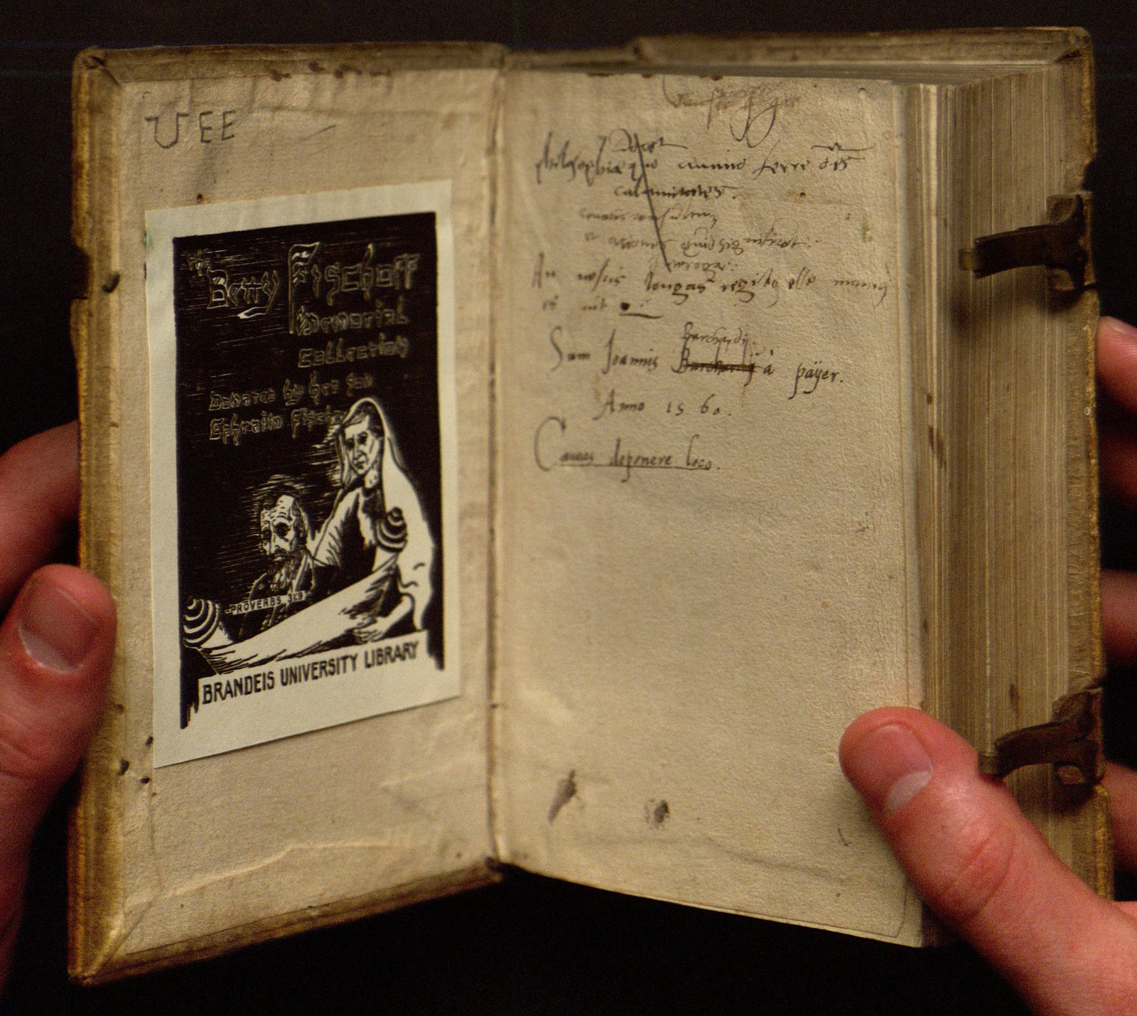 Open book with Fischoff bookplate and inscription