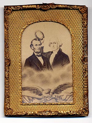 A small case featuring an illustration of George Washington and Abraham Lincoln