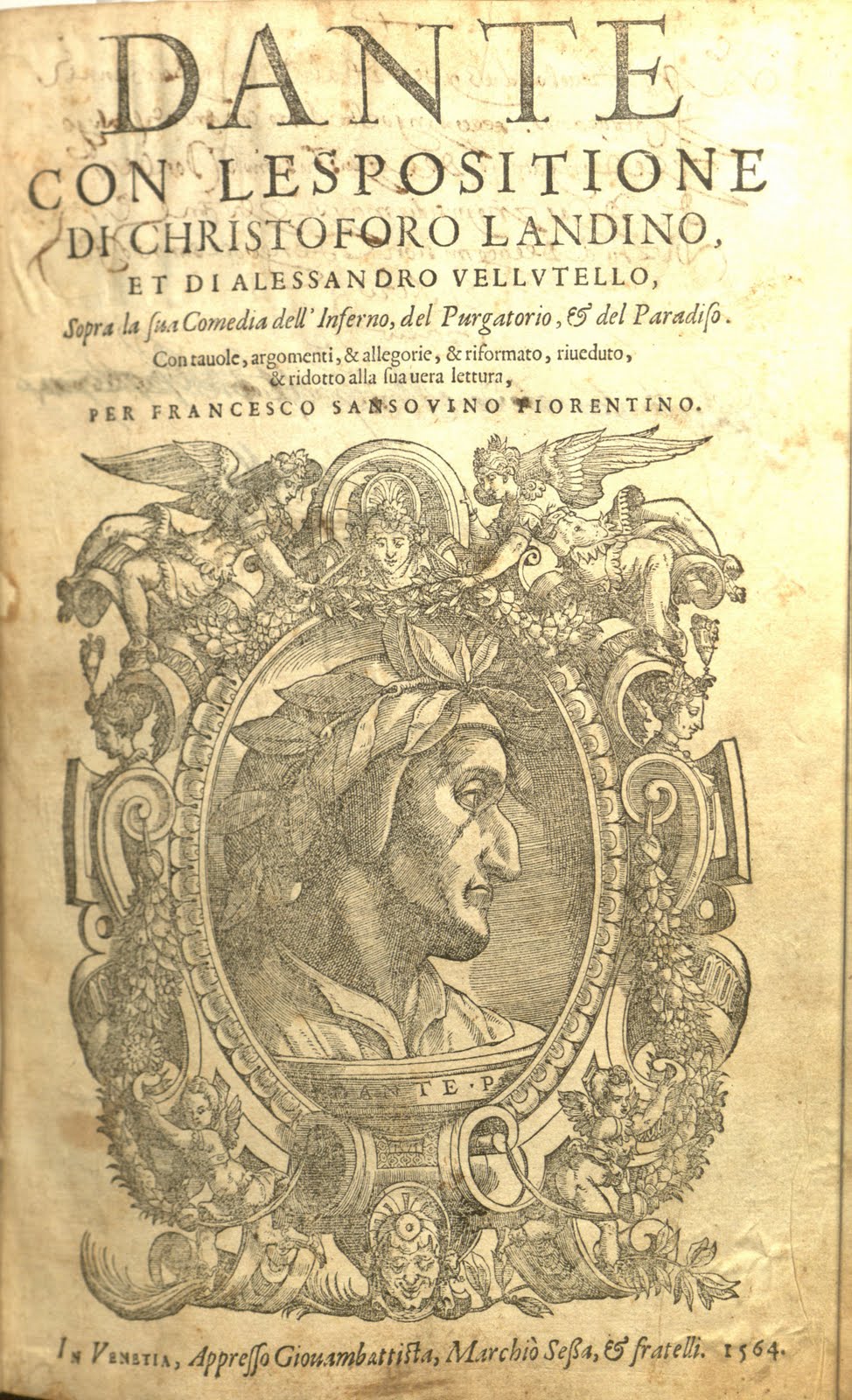 Title page of Dante con lespositione di Christoforo Landino, et di Alessandro Vellutello, sopra la sua comedia dell' Inferno, del Purgatorio, & del Paradiso.