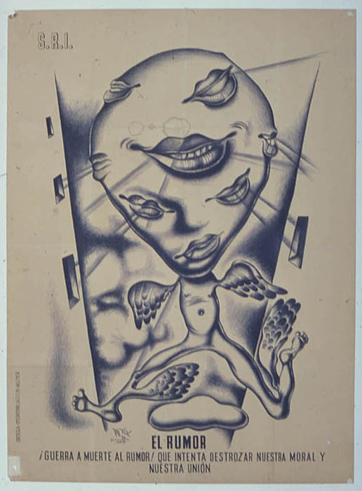 El Rumor poster: illustration of a figure with a large head covered with numerous lips, speaking (rumors, presumably) with open windows of buildings on each side.  Also wings instead of arms, and wings on each calf.