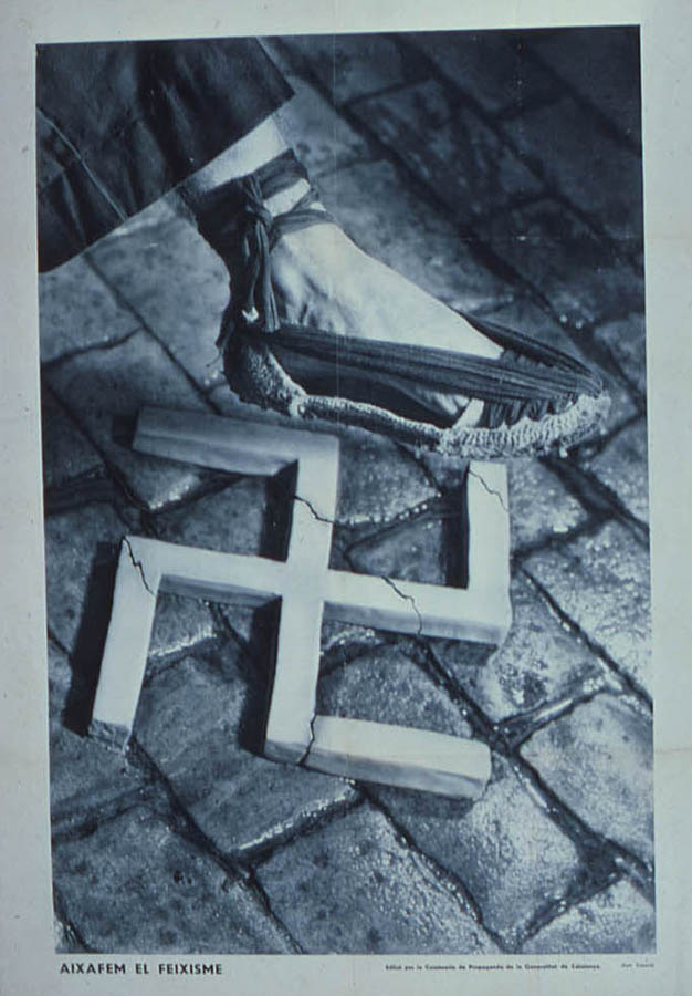 A Catalonian poster (by Pere Catalá Roca) depicts a foot wearing a peasant's sandal stomping on a swastika.