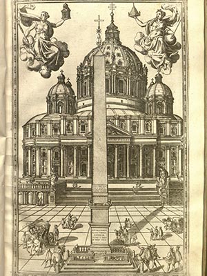 Obelisk in its glory: A plate from the series of drawings depicting the moving of an obelisk to St. Peter’s Square and its erection before the basilica of St. Peter in the Vatican.