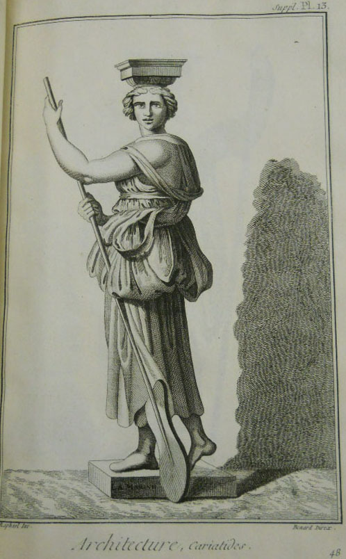 Engraving of a statue on a pedestal wearing a robe, holding a paddle. Caption says: architecture
