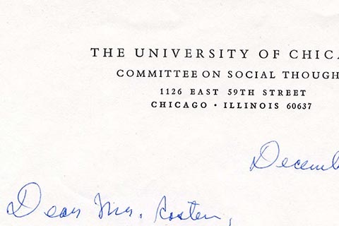 Cropped Letter from Allan Bloom showing the top portion of the letterhead where it reads: University of Chicago, Committee on Social Thought.