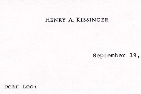 Cropped letter from Henry Kissinger, the upper part of his letterhead with date September 19, 1980