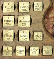 Coin weights set into a box.