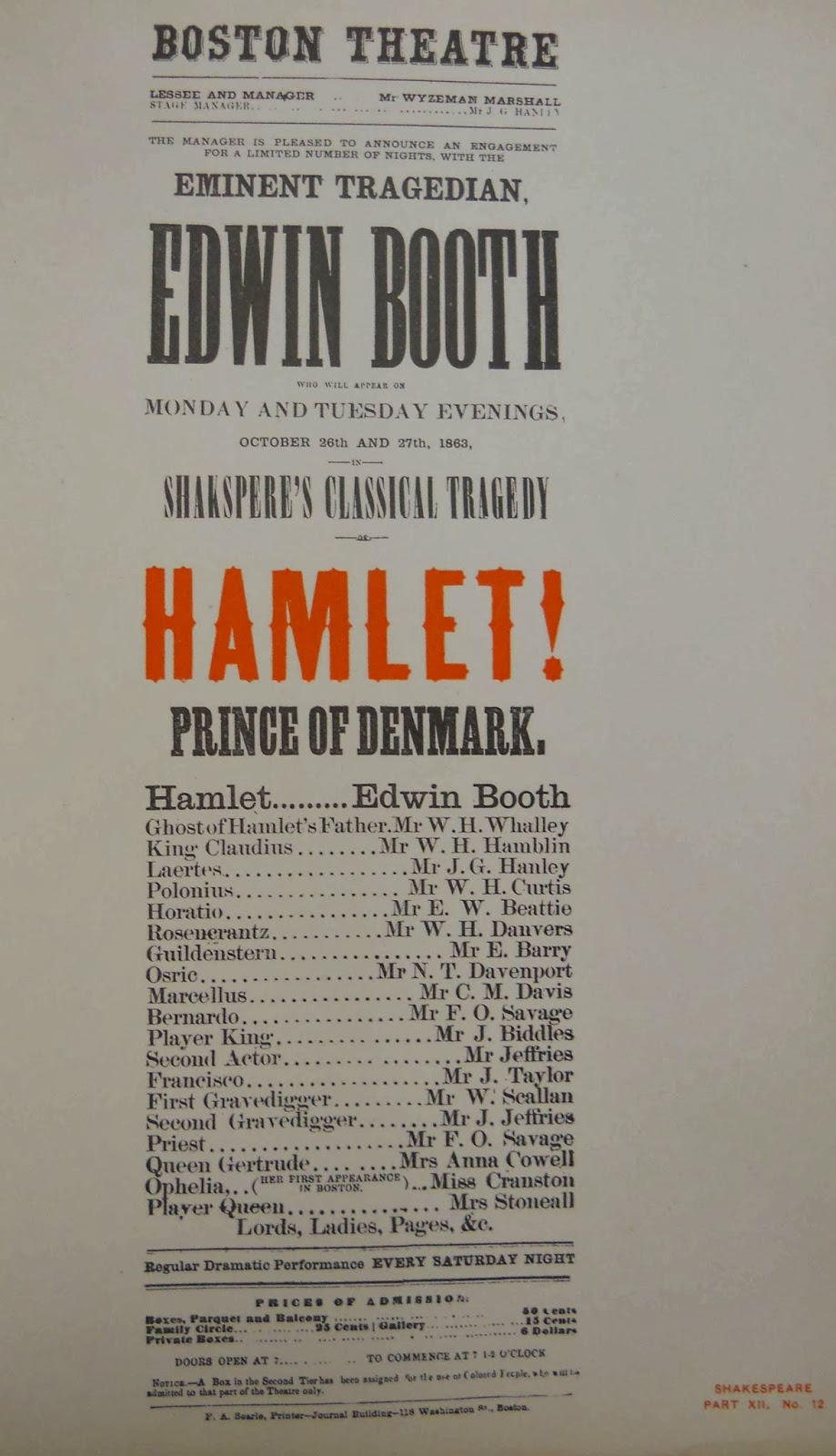 Advertisement for Boston Theater production of Hamlet, from the Rare Print Collection