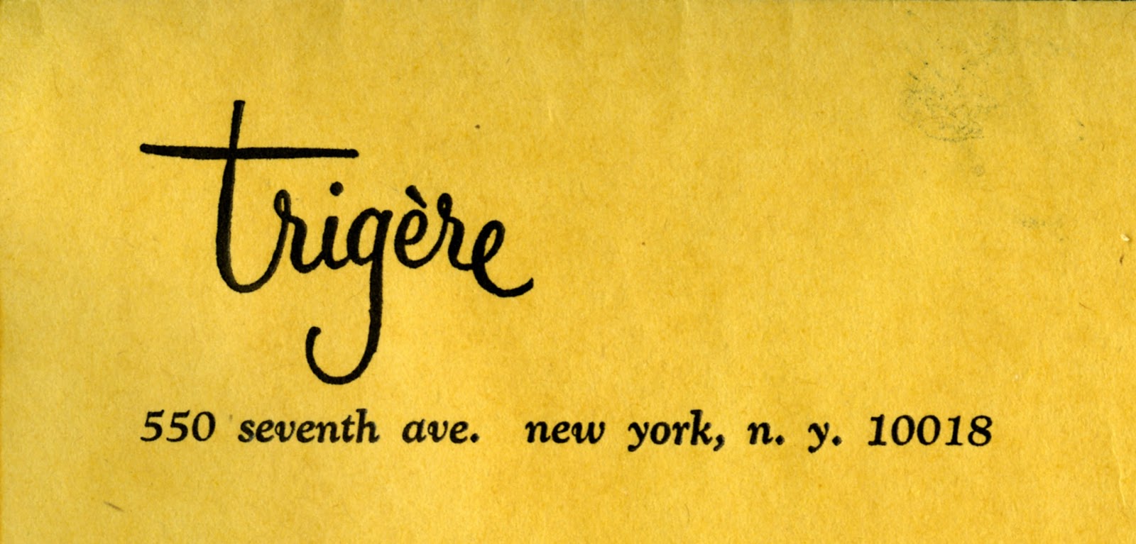 Trigere letterhead, black script logo on yellow paper with address below.