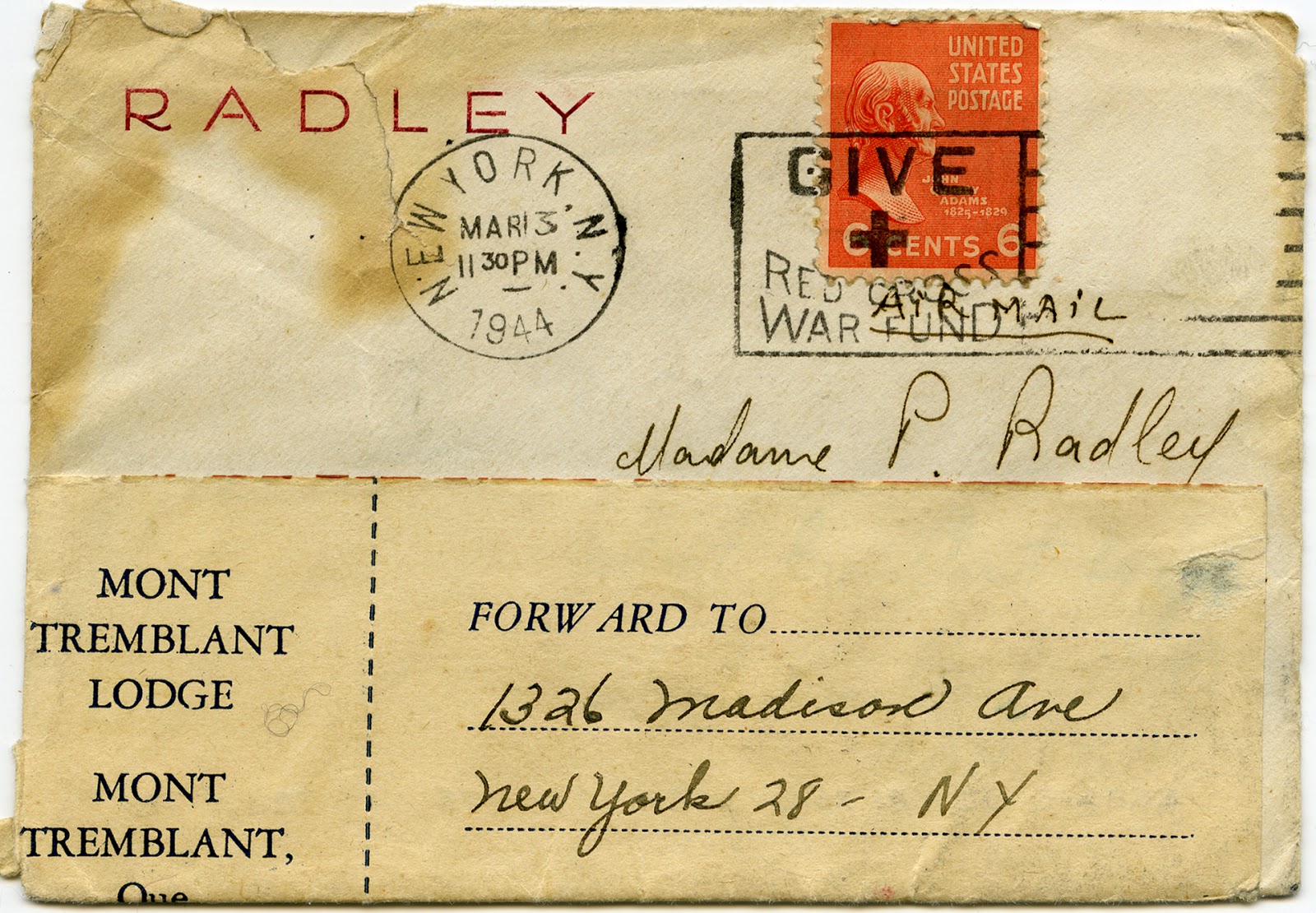 Envelope with March 1944 postmark, the name "RADLEY" printed in red for the sender. The addressee is Madame P. Radley, but there is a forwarding address sticker placed over the original address.