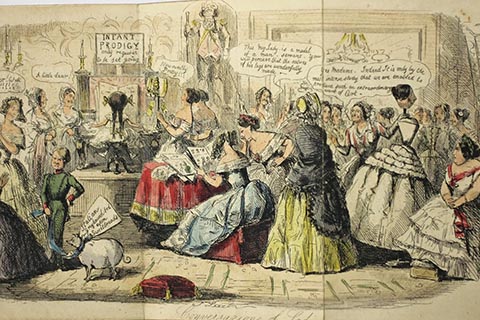Color illustration of a crowd of women at a party as a female infant prodigy plays instrumentals, to the disdain of a young boy who is given no praise