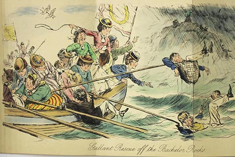 Color illustration titled "Gallant Rescue off the Bachelor Rocks" with a boat of women pulling in exhausted men and catching them with a fishing net