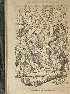 Illustration titled "The Song of the Scandinavian" with two long-haired men drinking as others fight behind them with weapons