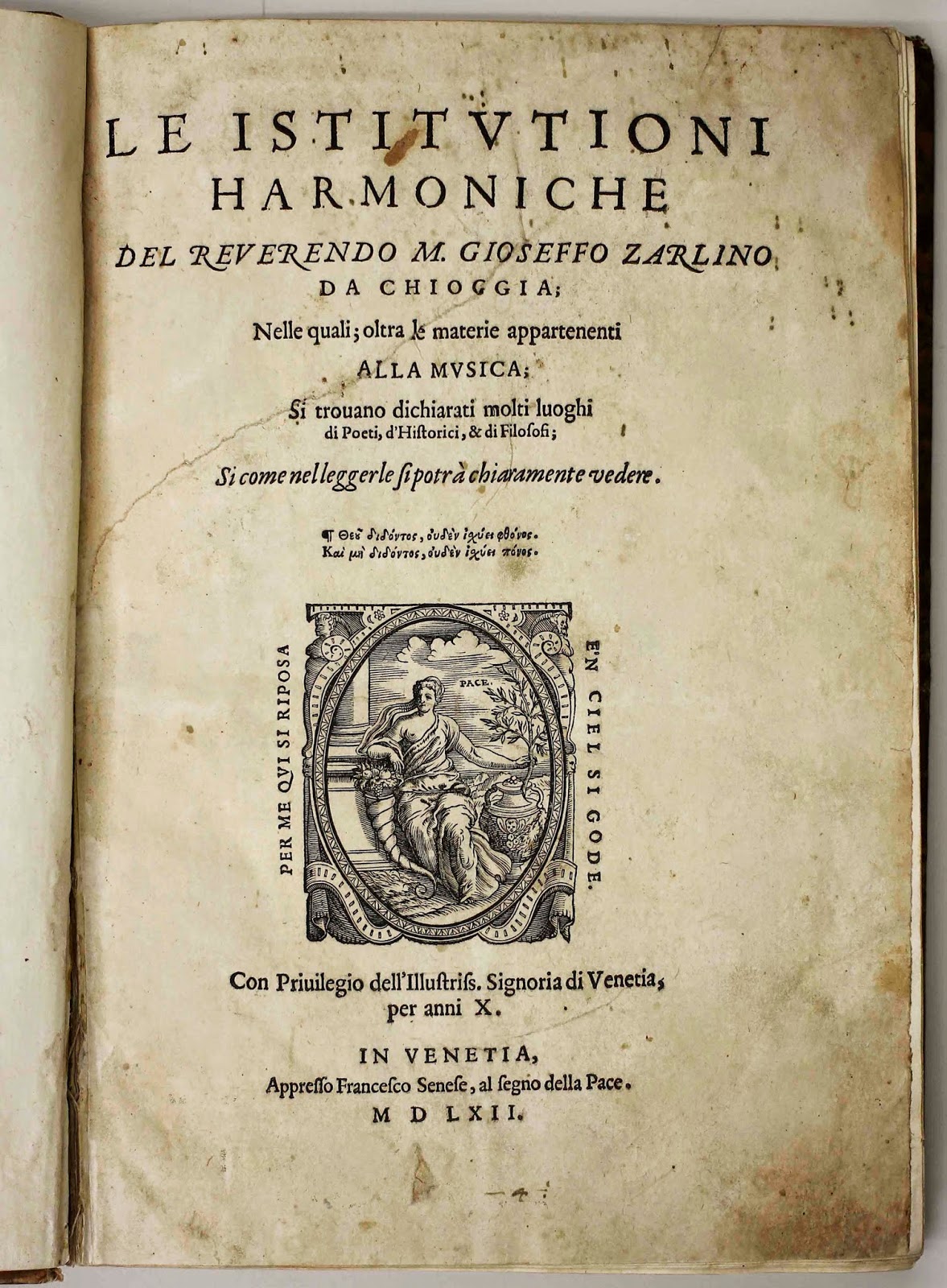 title page of Le Istitutioni Harmoniche by Gioseffo Zarlino