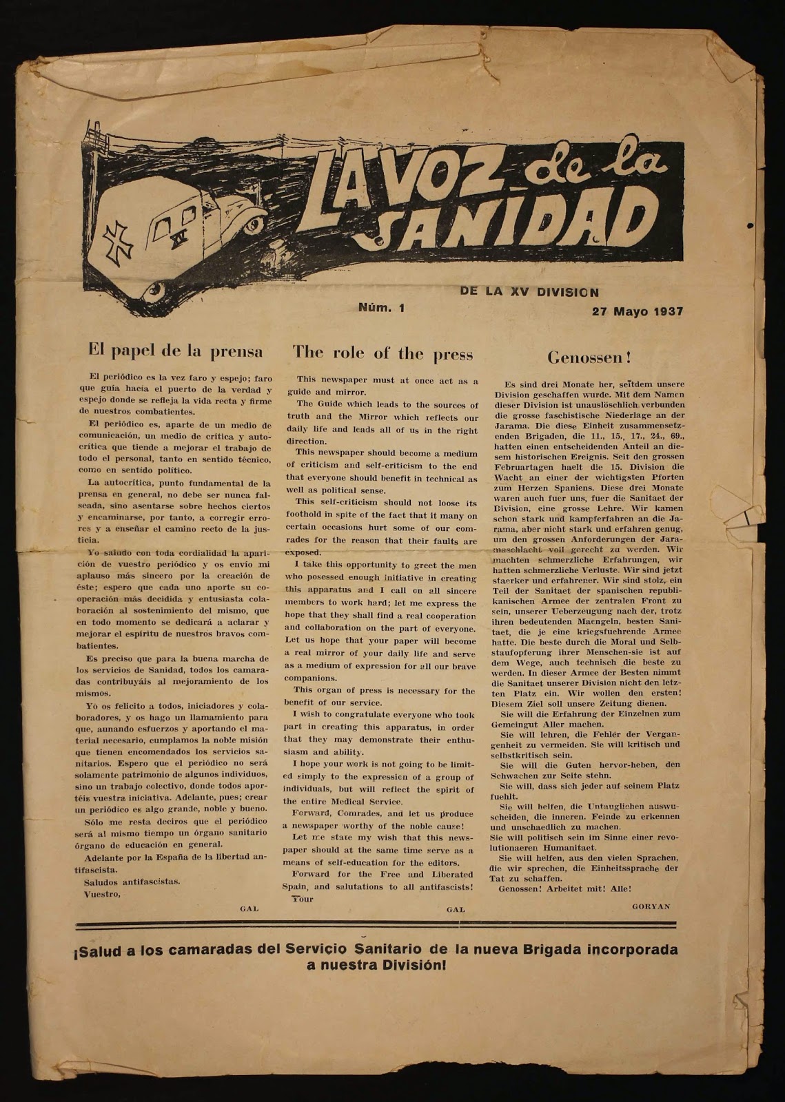 Newspaper "La Voz de la Sanidad", newspaper of the international medical brigade of the 15th Division.