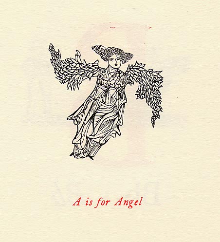 Print of an angel in loose robes with pink text "A for Angel"