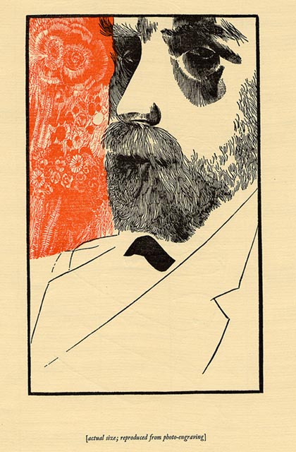 Reproduction of a photo-engraving of an old bearded man in a tuxedo with a red floral backdrop