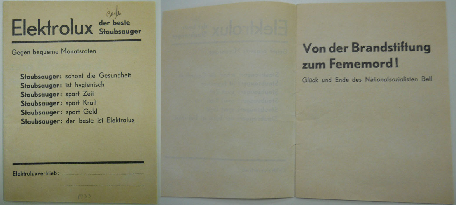 Two pages of s German brochure; one refers to vacuum cleaners, the other refers to Fememord