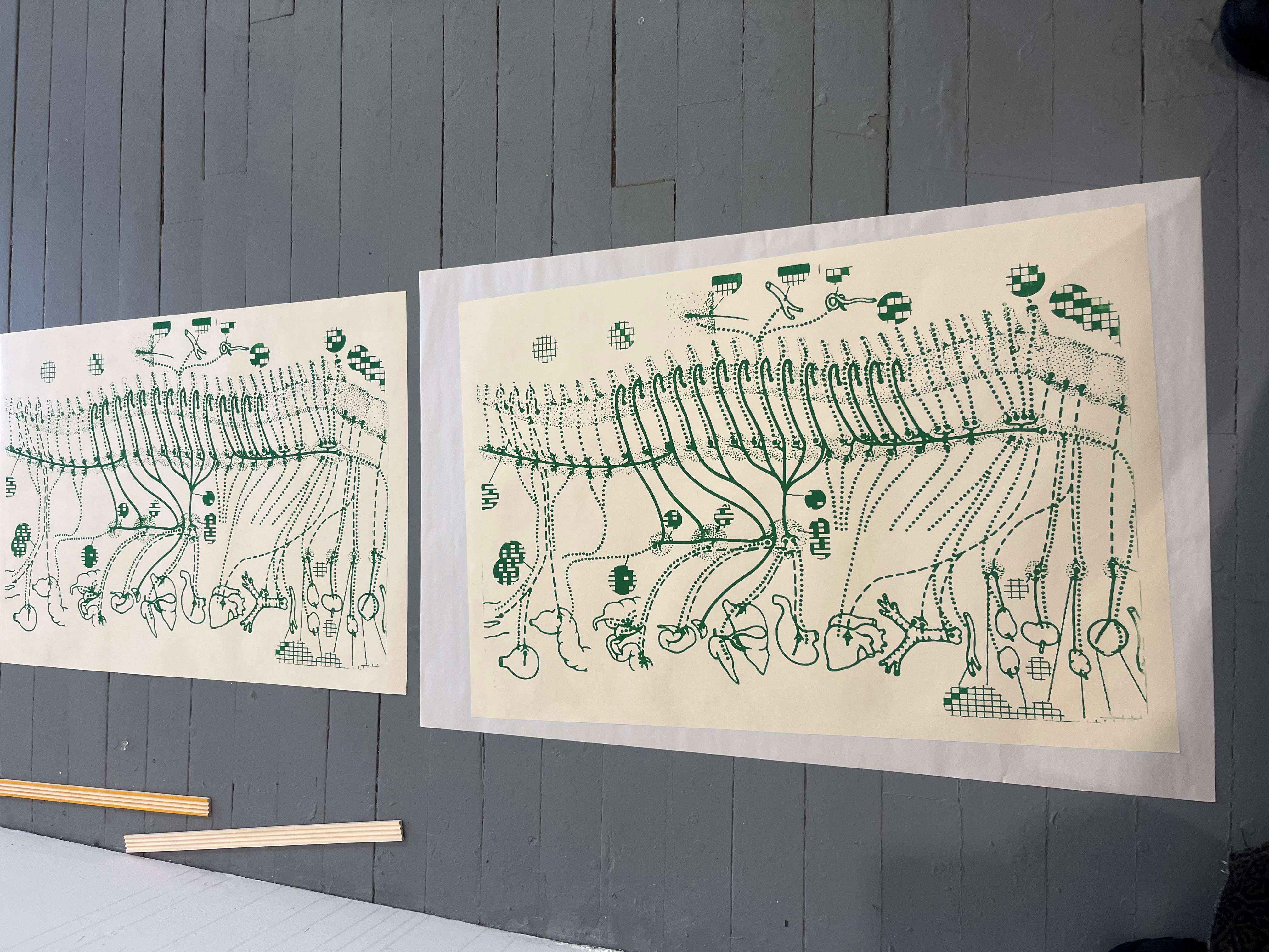 Close up of a laser engraving with a green organic line. 