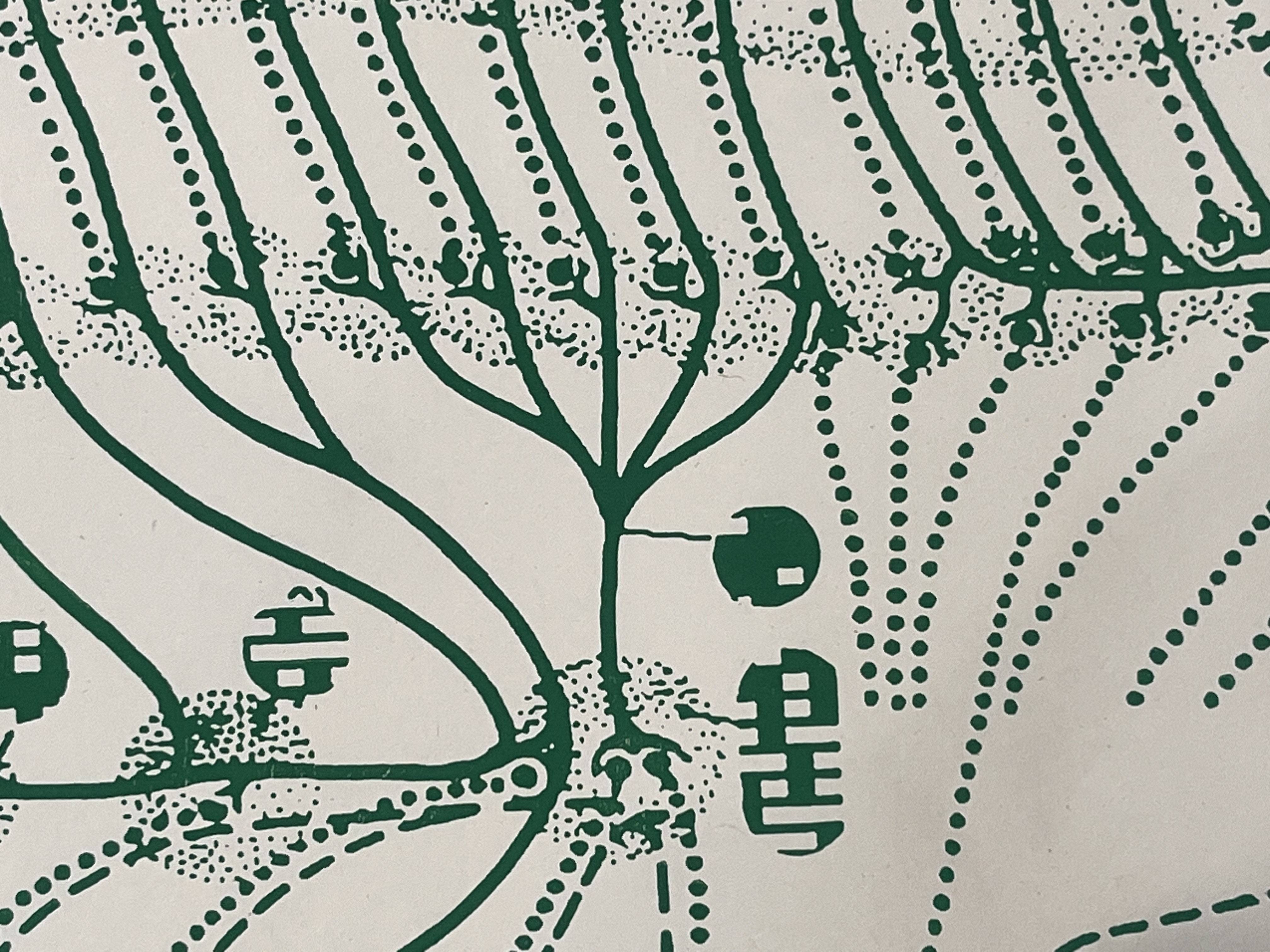 Close up of a laser engraving with a green organic line. 