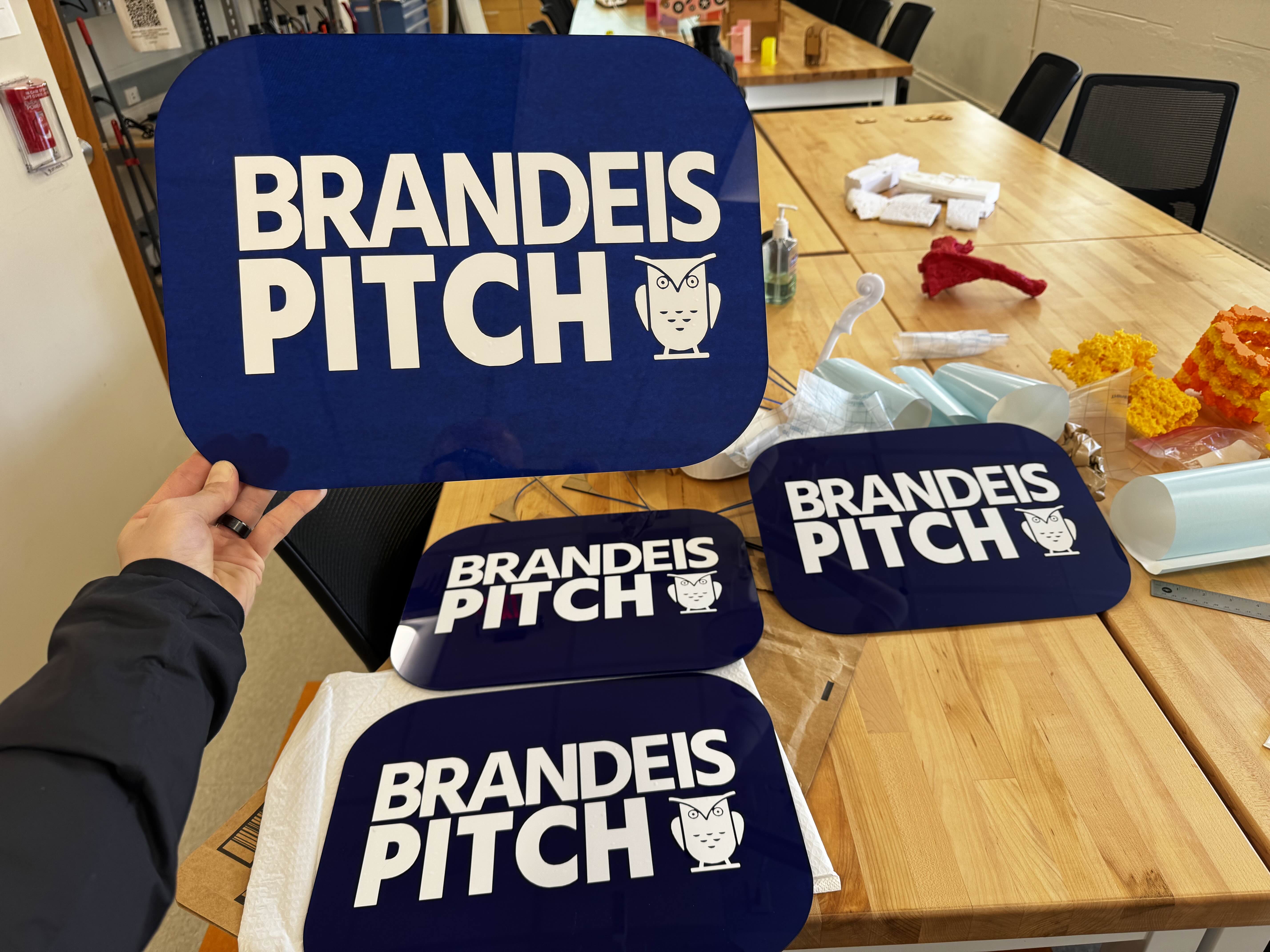 Blue tee shirts that say "Brandeis Pitch"