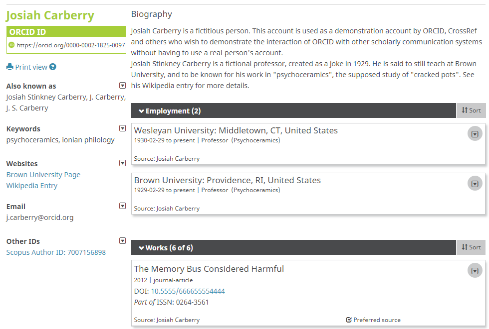Example of an ORCID profile