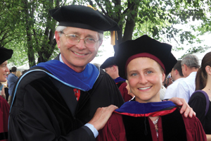 Heller associate dean of admissions and career services Tom Broussard, Ph.D. ’06, was invited to place the academic hood on his daughter, Josiane ’02, at June’s University of Chicago commencement, where she received her Ph.D. in molecular metabolism.