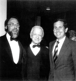 Martin Peretz ’59 (left) and Stephen Solarz ’62 flank their former professor, Max Lerner.