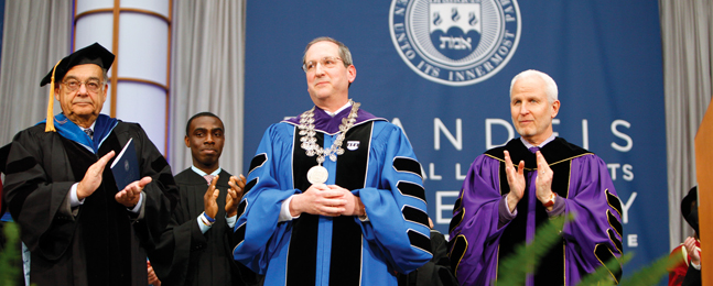 Board of Trustees chairman Malcolm L. Sherman, student union president Daniel Acheampong ’11, President Fred Lawrence, Northwestern University president Morton Schapiro
