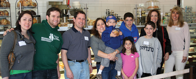 From left: Rose Auerbach ’06, Jonathan Tash ’06, Andy Zeitlin ’90, Sarah Rogovin ’90, Alex Rogovin, Annie Rogovin, Jacob Zeitlin, Noah Zeitlin, Andrea Soloway ’89 and Lori Underberger ’82. 