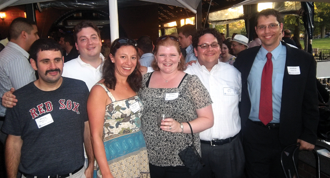 Photo of Phillip Reisman ’03, MA’04; Greg Leppo ’03, Marissa Lynne Leppo ’03; Jennifer Nadler Segal ’03; Josh Segal ’03, MA’04; and Jonathan Sclarsic ’03