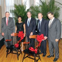 Lester Crown; Naghmeh Sohrabi, the Charles (Corky) Goodman Chair in Middle East History; President Fred Lawrence; Corky Goodman, G'09; and Provost Steve A.N. Goldstein ’78, MA’78.