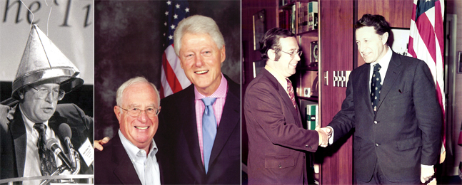From left: Altman pokes fun at “instant experts” at a Washington meeting; poses with President Bill Clinton in 2010, and greets Health, Education and  Welfare Secretary Caspar Weinberger in the early 1970s.